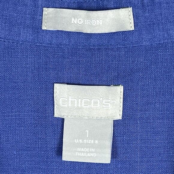 Chico’s 1 No Iron 100% Linen Blue 3/4 Sleeve Hidden Button Top Women’s 8 - Picture 7 of 9